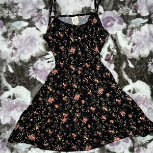 Juniors’ Small Black Short Dress with Ditsy Pink/Coral Flowers